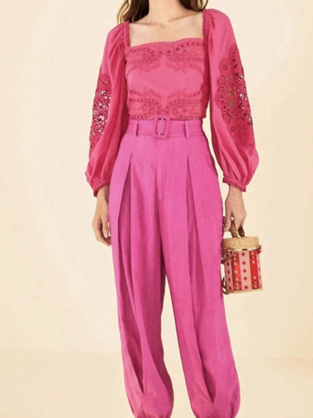 Farm Rio Linen High-Waist Pants with Belt - Fuchsia Pink